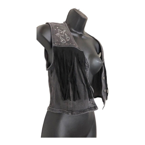 Austin Landing black denim suede fringe studded embellished jean vest size small - Picture 1 of 13
